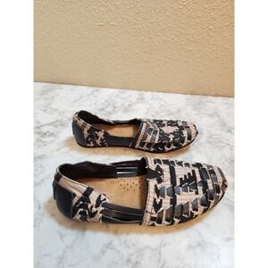 TOMS Womens 7 Black Woven Huarache Slip On Flats Geometric Leather Textile